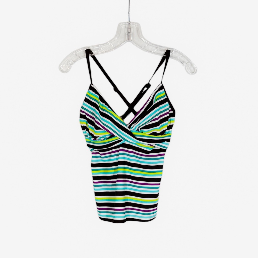 Athleta Womens Striped Swim Top Criss Cross Straps Green Brown Blue 34D/32DD